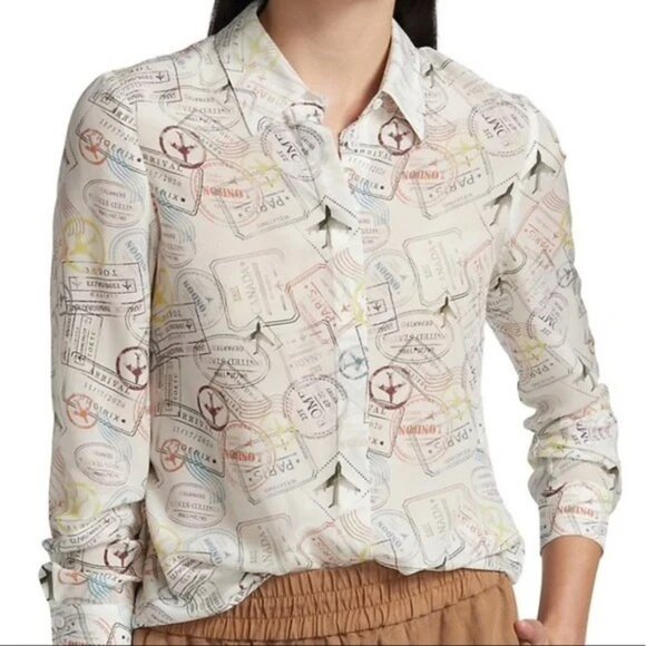 Alice + Olivia Willa Globe Trotter Stamp Silk Blouse Small - Picture 5 of 10